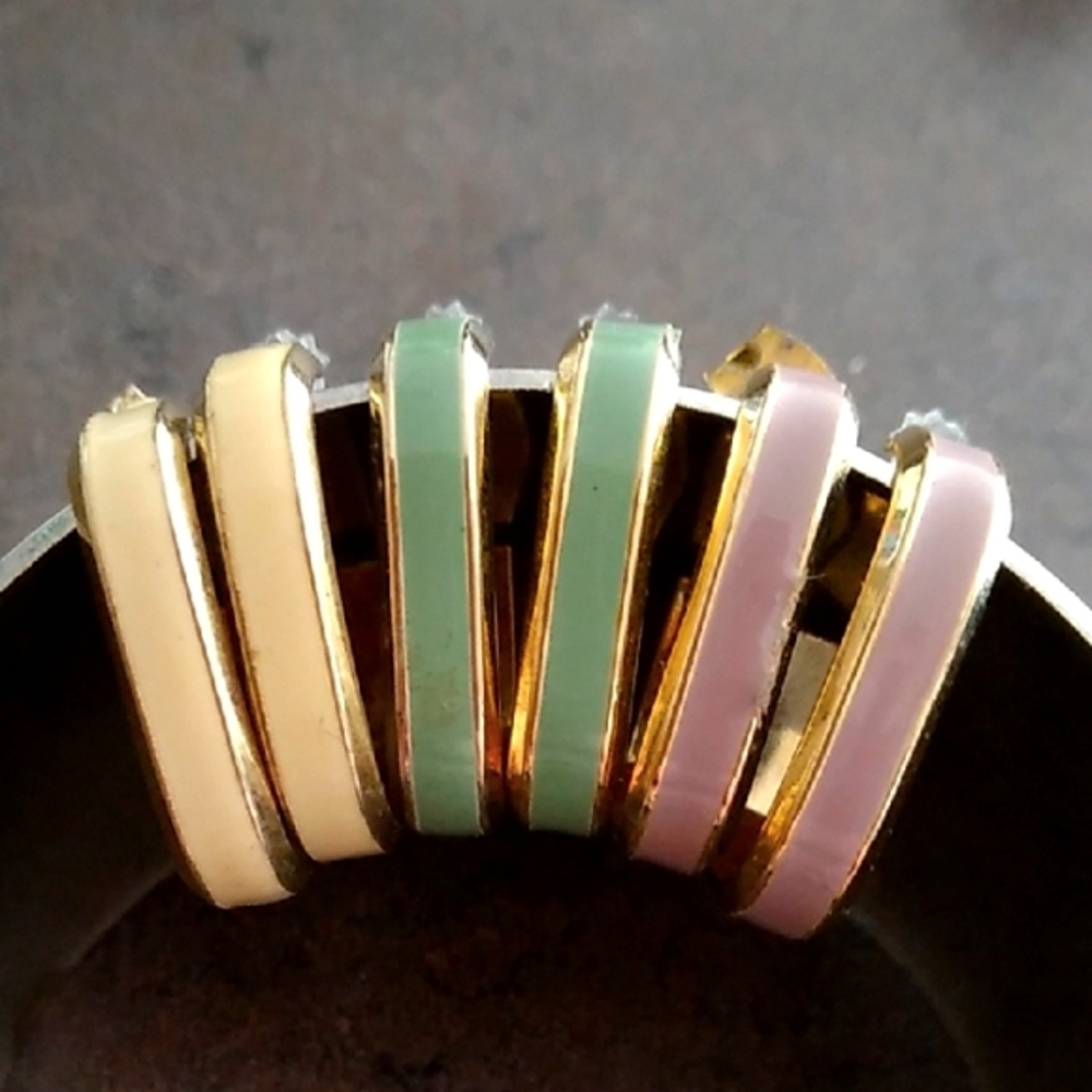 Gold and Pastel Yellow Green and Pink Enamel Square Hoop Earrings Set